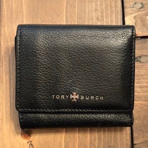 Tory Burch trifold wallet, black leather with gold hardware.